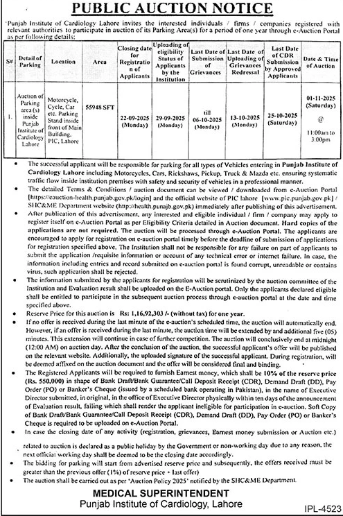 Punjab Institute of Cardiology Lahore Tender Notice